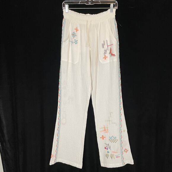 Johnny Was Biya Embroidered Wide Leg Pants Cotton Floral Geometric White S